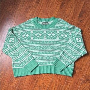 American Eagle XL Green White Crewneck Crop Sweater Fair Isle Snowdrift